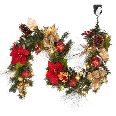 GustoWave 6 ft. Prelit Christmas Garland with 20 Warm White LED Lights, Flowers & Bows, Lighted Xmas Holiday Garlands