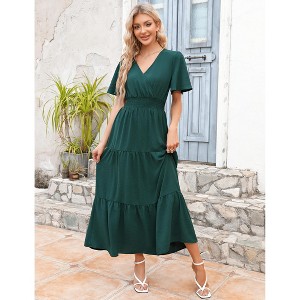 Women's Summer Wrap V Neck Flutter Short Sleeve Maxi Dress Casual Smocked Waist Flowy Tiered ALine Pleated Long Dress - 1 of 4