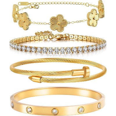 Lamdo 18K Gold Plated Womens Stackable Floral Gold Clover Bracelets Set Love Bangle Bracelets Non Tarnish