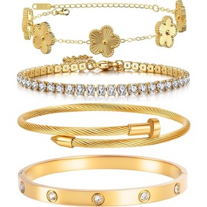 Lamdo 18K Gold Plated Womens Stackable Floral Gold Clover Bracelets Set Love Bangle Bracelets Non Tarnish - 1 of 4