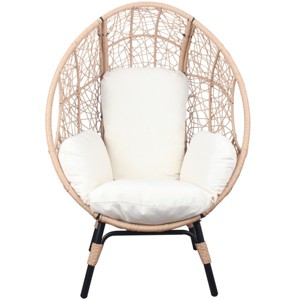 Coolbibila-2 Pieces Patio PE Wicker Egg Chairs, Egg Chair Natural For Patio With 3 White Cushions, Outdoor Accent Chair, Swing Chairs With Stand - 1 of 4