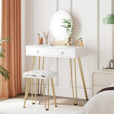 GustoWave Vanity Desk with Stool, Small Makeup Vanity Table with 3 Lighting Modes Brightness Adjustable, 32 Inch Makeup Vanity Table with 2 Drawers