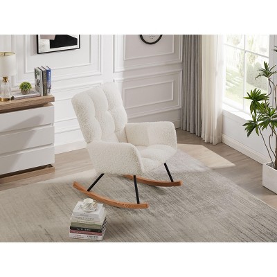 Vynxaria Nursery Glider Rocking Chair, Ergonomic High Back with Footrest Soft Boucle Upholstery, Sturdy Metal/Solid Wood