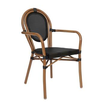Flash Furniture Marseille Indoor/Outdoor Commercial Thonet French Bistro Stacking Chair with Arms, Textilene and Bamboo Print Aluminum Frame