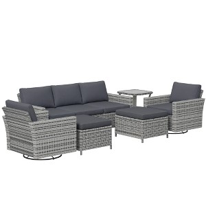 Outsunny 6 Piece Patio Furniture Set with Rattan Three-seater Sofa, Swivel Rocking Chairs, Footstools, Table, Outdoor Conversation Set - 1 of 4