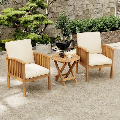FIONECA Patio Acacia Wood Outdoor Furniture Set ¨C 2 Club Chairs with Cream Cushions & Foldable End Table, Garden Patio Deck (Brown Patina)