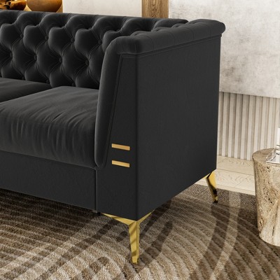 Velvet Chesterfield Sofa - 3-Seat Tufted Couch with Gold Metal Legs & Turn-Out Armrests, Removable Spring Cushions