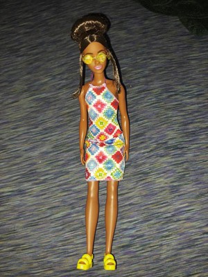 Barbie Fashionistas Doll #210 with Brunette Hair in Bun, Colorful Crochet  Halter Dress, Sunglasses & Sandals