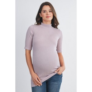 Hello Miz Women's Ribbed Mock Neck Elbow Sleeve Maternity Top - 1 of 4