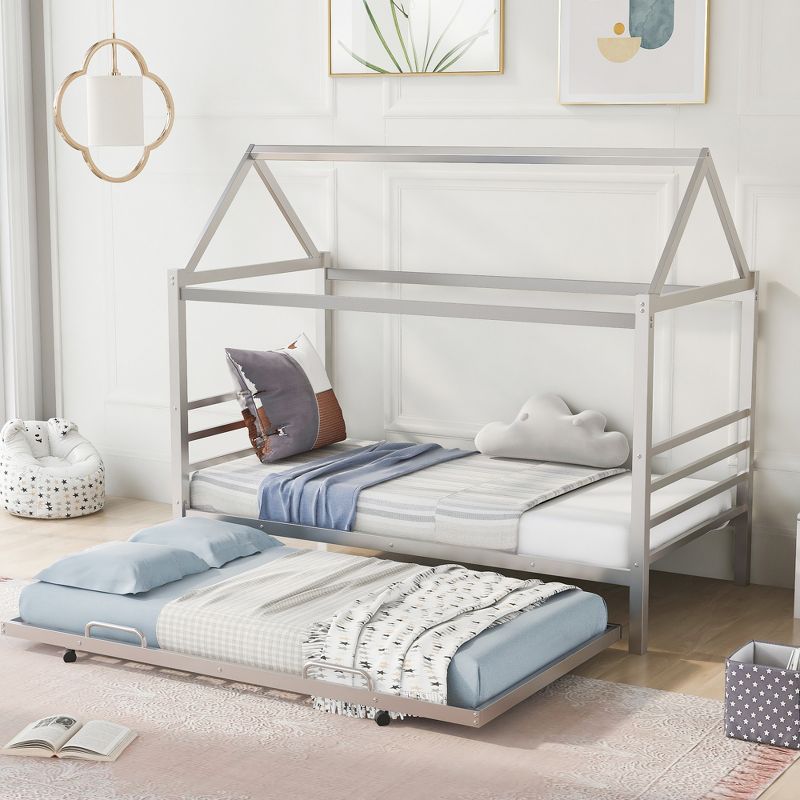 Twin Size Metal House Shape Platform Bed with Trundle Bed-ModernLuxe, 1 of 11