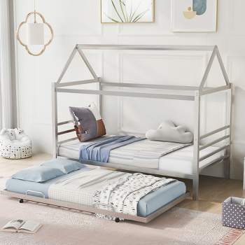 Twin Size Metal House Shape Platform Bed with Trundle Bed-ModernLuxe