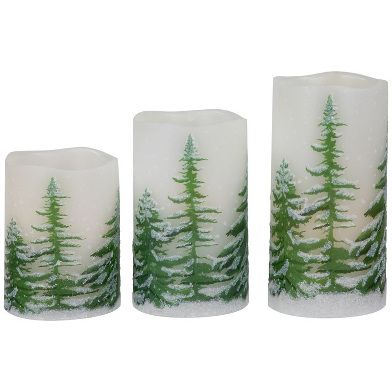 Northlight Set of 3 Flameless Frosted Pines Flickering LED Christmas Wax Pillar Candles 6", 1 of 7