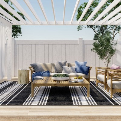 Black and White Striped Synthetic 5' x 8' Indoor/Outdoor Rug