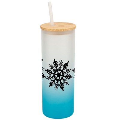 Elanze Designs Center Snowflakes Winter Wrap-Around Design 25 Ounce Frosted Gradient Glass On-The-Go Coffee Travel Skinny Tumbler Mug Cup, Bamboo Lid