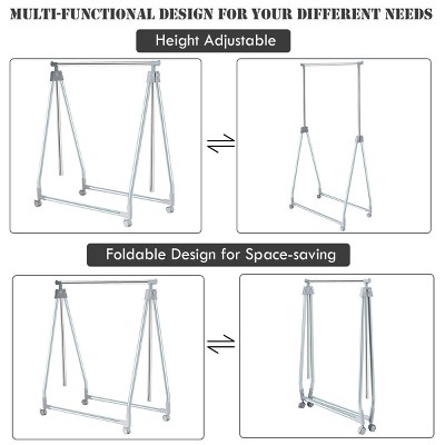 Silver Adjustable Foldable Metal Garment Rack with Wheels