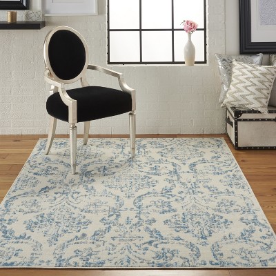 Ivory and Blue Damask Rectangular 6' x 9' Area Rug