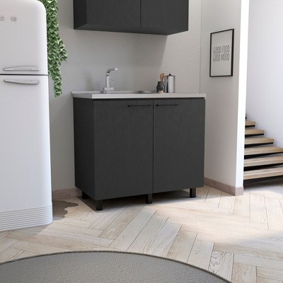 Munora 2-Section Utility Sink with Cabinet - Stainless Steel Countertop, Interior Shelf - Black for Laundry/Utility Room