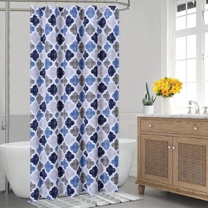Navy Shower Curtain 84-Inch, Geometric Lattice, Fabric Water-Resistant Bathroom Curtain, Modern Farmhouse Style, Dark Navy/Blue/Grey - 1 of 4