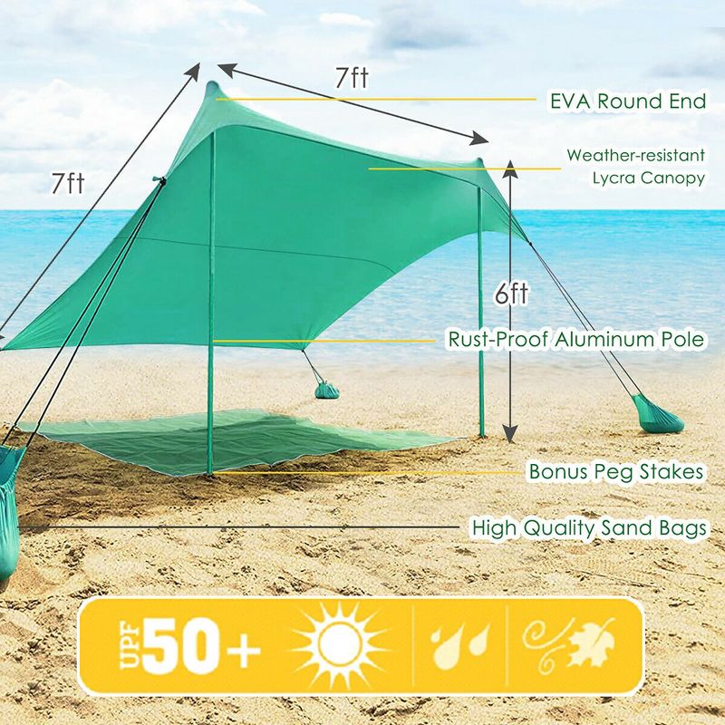 Costway Family Beach Tent Canopy w/ 4 Poles Sandbag Anchors 7'x7' UPF50+ Green, 4 of 8