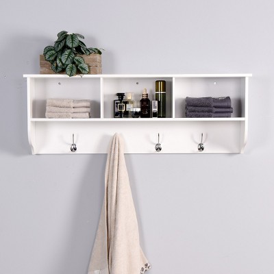 Wall-Mounted Entryway Coat Rack, Wood Shelf with 4 Dual Hooks and 3 Cubbies, Floating Storage Organizer for Hallway or Dining Room–Cuddlewood