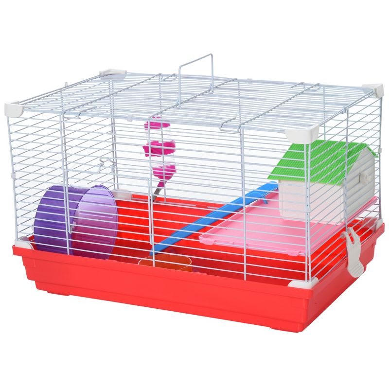 PawHut 18.5" Hamster Cage with Exercise Wheel and Water Bottle Dishes, Rat House and Habitats 2-Story Design, Red, 4 of 7