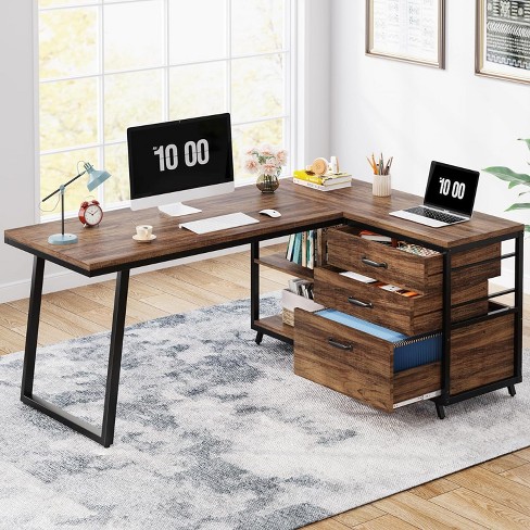 Tribesigns L-shaped Computer Desk With 3 Drawers, Rustic Brown : Target