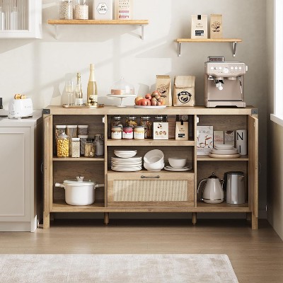 59" Buffet Cabinet with Storage, Rattan Sideboard with Doors and Drawers, Farmhouse Kitchen Storage Cabinet with Adjustable Shelves