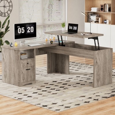 Aheaplus 56'' Lift Top Computer Desk with Drawers and Power Outlets, Lift Top