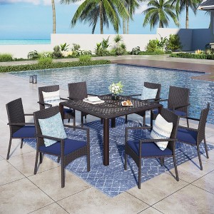 Captiva Designs Outdoor 9Pc Cast Aluminum Square Metal Dining Table & Blue Cushion Haiti  Rattan Chairs - 1 of 1