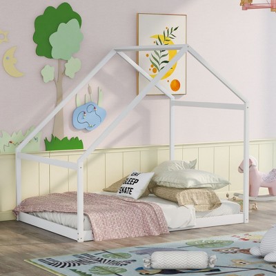 CAVINAS Twin/Full Size Small House Bed Frame,Modern Floor Bed for Kids Room,Bedroom