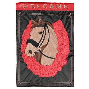 Dicksons Magnolia Garden Welcome Horse With Rose Horseshoe Red and Black 18 x 13 Polyester Outdoor Garden Flag - 1 of 1