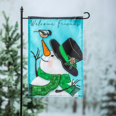 Evergreen Snowman and Chickadee Applique Garden Flag 12 x 18 Inches Indoor Outdoor Decor