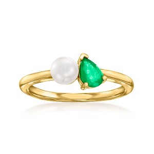 Ross-Simons 5mm Cultured Pearl and .30 Carat Emerald Toi Et Moi Ring in 14kt Yellow Gold - 1 of 4