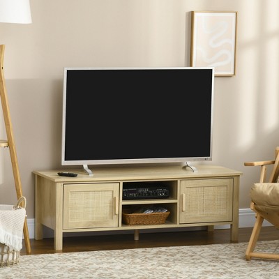 VYNXARIA Boho TV Stand for 60 Inch Television,Entertainment Center with Rattan Door,Adjustable Shelf,and Storage Cabinets,Natural Wood