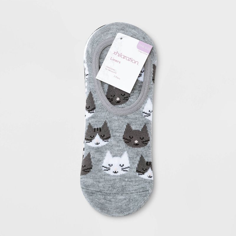 Women&#39;s Cats 3pk Liner Socks - Xhilaration&#8482; Gray/White/Black 4-10, 2 of 3