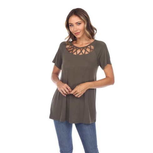 Women's Crisscross Neck Short Sleeve Top Olive Small - White Mark : Target