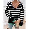 Coolmee Women's Striped Sweater V Neck Long Sleeve Loose Sweater Knit Pullover Jumper Tops - 2 of 4