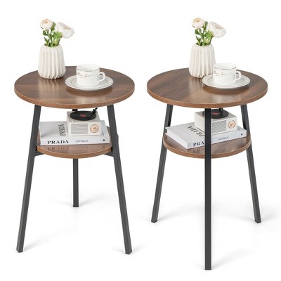 Costway 2PCS 2-Tier Bedside End Table Round Nightstand for Bedroom Living Room Brown/Walnut