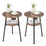 Costway 2PCS 2-Tier Bedside End Table Round Nightstand for Bedroom Living Room Brown/Walnut