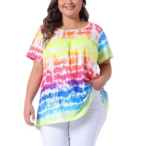 Agnes Orinda Women's Plus Size Tie Dye Short Sleeve Casual Round Neck Pleated Summer Blouse - 1 of 4