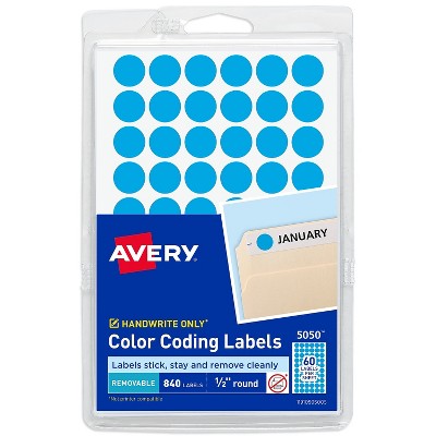 Avery Handwrite Only Removable Round Color-Coding Labels 1/2" dia Light Blue 840/PK 05050