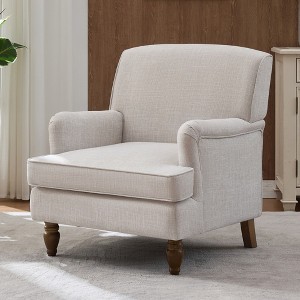 Zeus & Ruta Vintage Linen Armchair with Upholstered and Antique Solid Wood Legs, Single Accent Chair for Home - 1 of 4