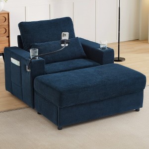 Chaise Lounge Sofa Couch with Storage Ottoman and USB Ports, Armchair with Cup Holders and Phone Holder, Sleeper Sofa Chair with Side Pockets-Koiai - 1 of 4