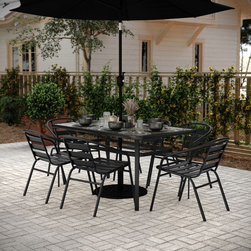 Flash Furniture Lila 7 Piece Commercial Outdoor Patio Dining Set with 60" Tempered Glass Patio Table with Umbrella Hole and 6 Black Triple Slat Chairs, 2 of 10