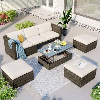 5pc Outdoor Wicker Conversation Set with Sofa, Ottomans & Coffee Table - Beige - GODEER