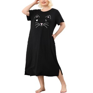 Agnes Orinda Women's Plus Size Soft Knit Cute Cat Print Short Sleeve Split Hem Pockets Midi Sleep Shirts Nightgowns - 1 of 4