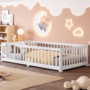 Twin/Full/Queen Size Floor Bed Frame with Safety Guardrails & Doors, Toddler Platform Bed with Wood Slat Support for Kids Girls Boys - 1 of 4