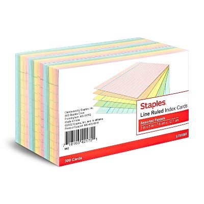 Staples 5 x 8 Index Cards, Lined, Assorted Colors, 300/Pack (TR50995)