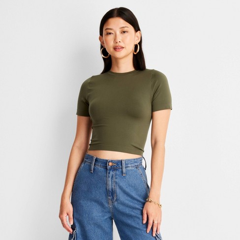 Women's Seamless Crewneck Jersey T-shirt - A New Day™ Olive M : Target