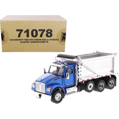 Kenworth T880S SFFA Tandem Axle with Pusher Axle OX Stampede Dump Truck Blue and Chrome 1/50 Diecast Model by Diecast Masters